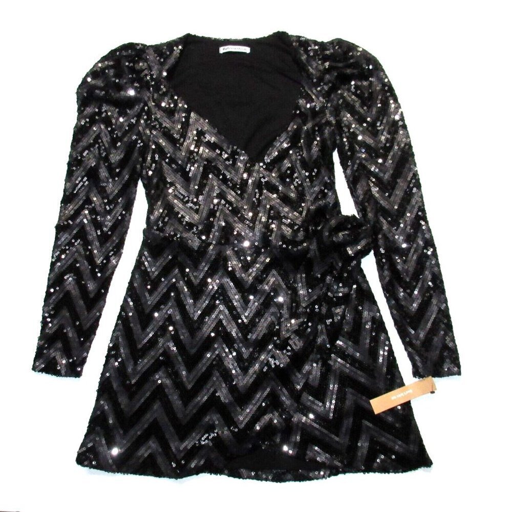NWT Reformation Ireland Mini Black Chevron Two-tone Sequin Wrap Dress S
